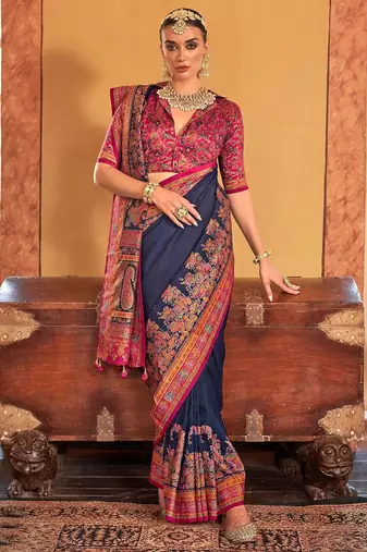 blue ethnic motifs printed banarasi silk blend saree