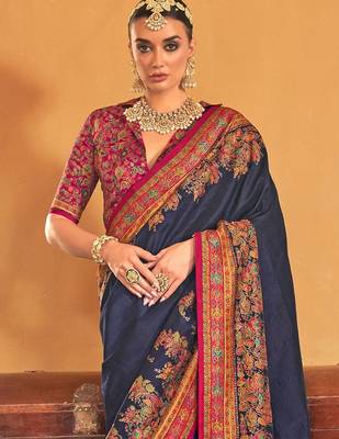 blue ethnic motifs printed banarasi silk blend saree 3