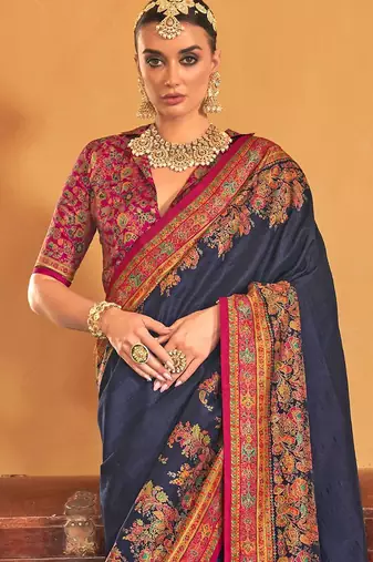 blue ethnic motifs printed banarasi silk blend saree