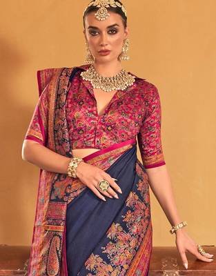 blue ethnic motifs printed banarasi silk blend saree 4