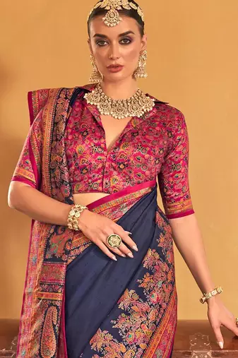 blue ethnic motifs printed banarasi silk blend saree