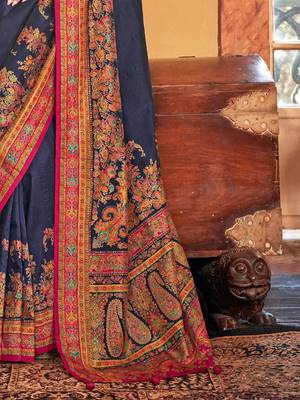 blue ethnic motifs printed banarasi silk blend saree 5