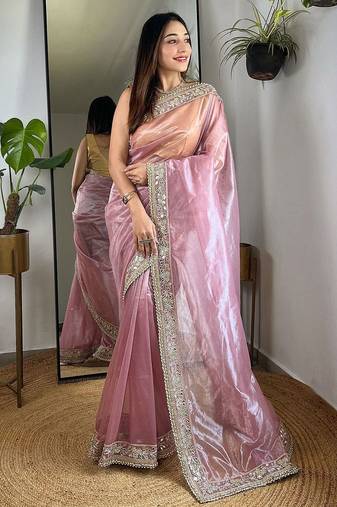 Pink sequinned tissue party saree