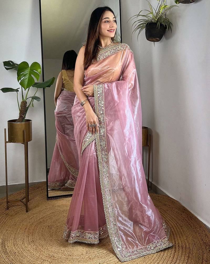 Pink sequinned tissue party saree