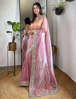 Pink sequinned tissue party saree 2