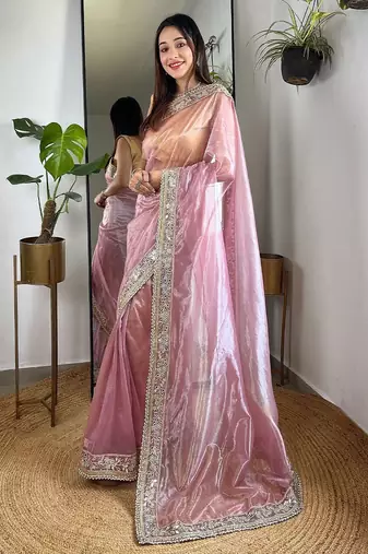 Pink sequinned tissue party saree