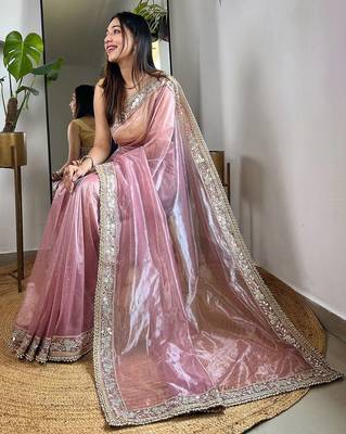 Pink sequinned tissue party saree 3
