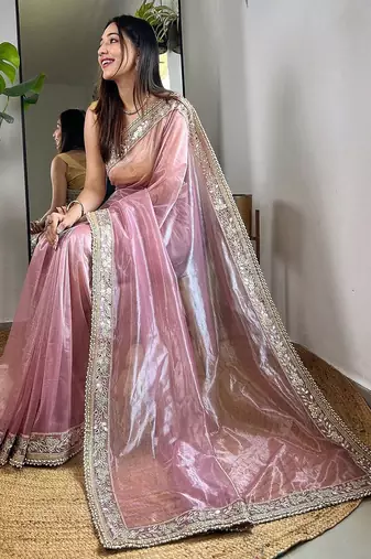 Pink sequinned tissue party saree