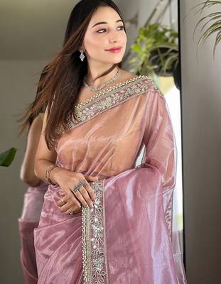 Pink sequinned tissue party saree 4