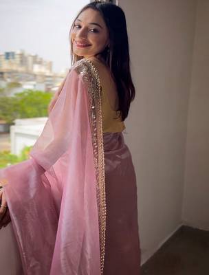 Pink sequinned tissue party saree 5