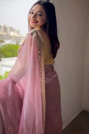 Pink sequinned tissue party saree