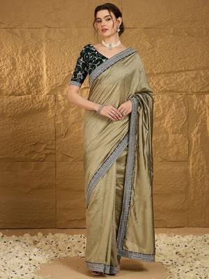 Olive ethnic motifs embroidered silk blend saree with matching blouse 1