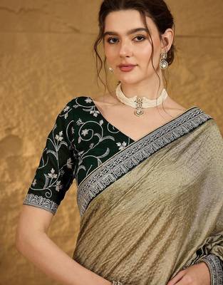 Olive ethnic motifs embroidered silk blend saree with matching blouse 5
