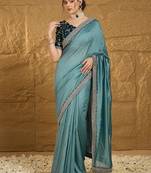 Teal embellished embroidered party wear saree