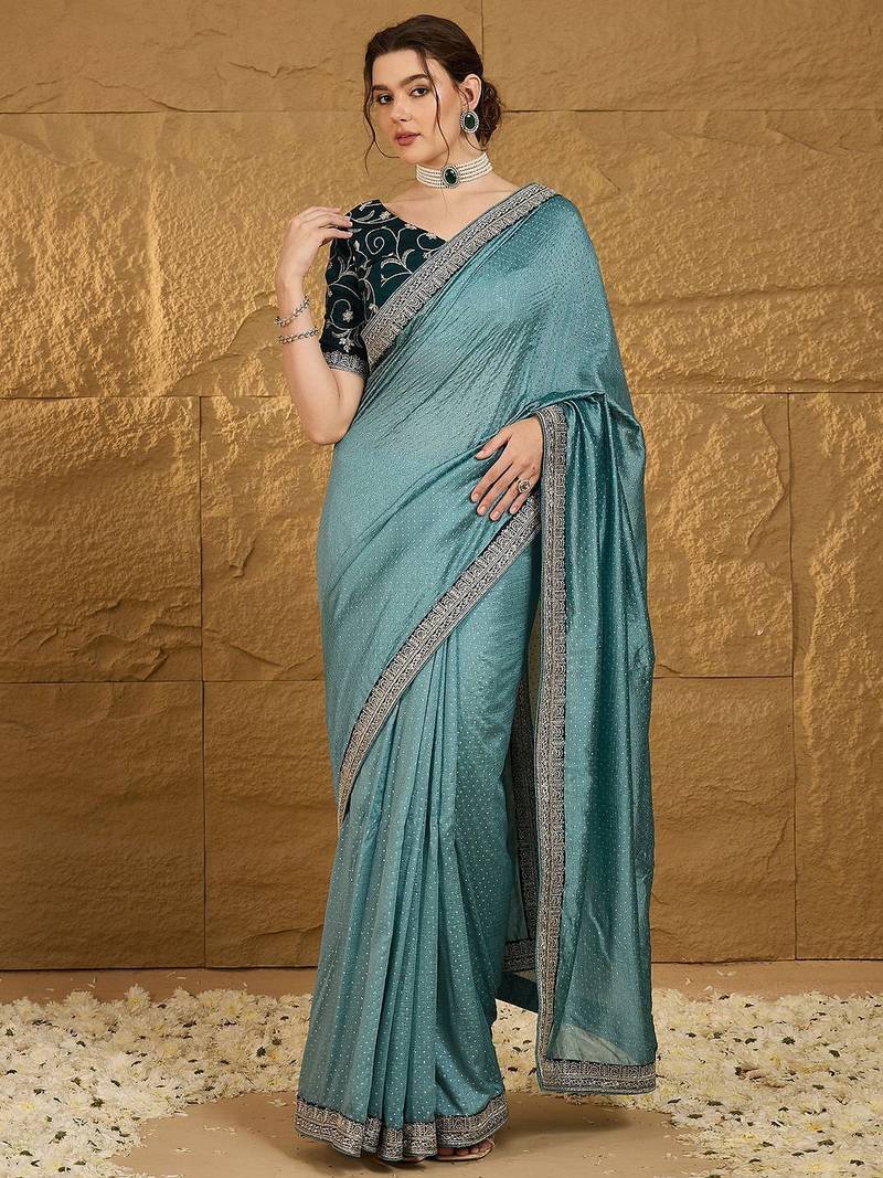 Teal embellished embroidered party wear saree