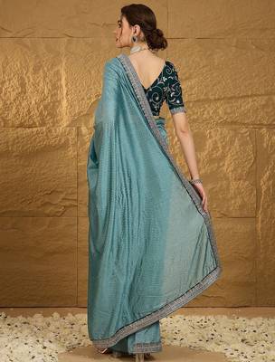Teal embellished embroidered party wear saree 3
