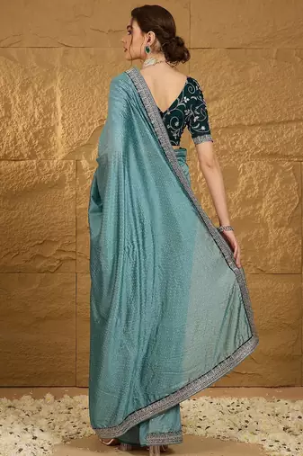 Teal embellished embroidered party wear saree