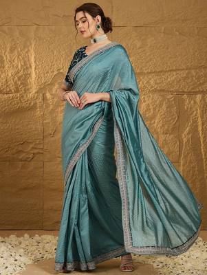 Teal embellished embroidered party wear saree 4