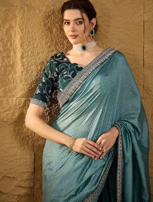Teal embellished embroidered party wear saree 5