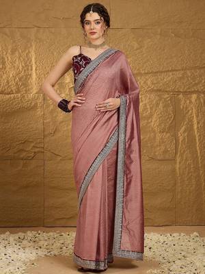 Peach ethnic motifs embroidered saree with blouse piece 1