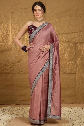 Peach ethnic motifs embroidered saree with blouse piece