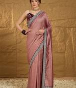 Peach ethnic motifs embroidered saree with blouse piece