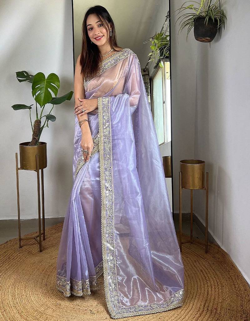 Lavender beads and stones tissue saree