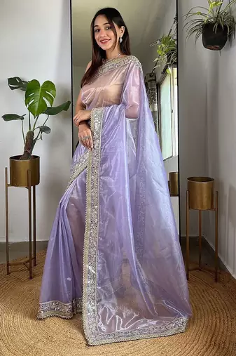 Lavender beads and stones tissue saree