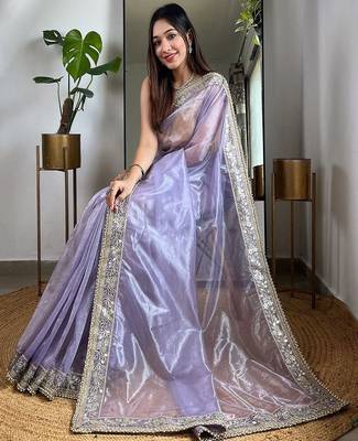 Lavender beads and stones tissue saree 3