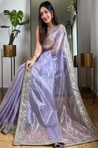 Lavender beads and stones tissue saree