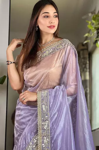 Lavender beads and stones tissue saree