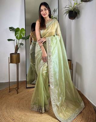 Green embroidered embellished tissue saree 1