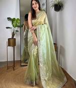Green embroidered embellished tissue saree