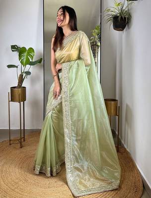 Green embroidered embellished tissue saree 2
