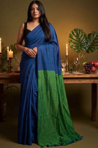 blue cotton blend khadi saree with blouse