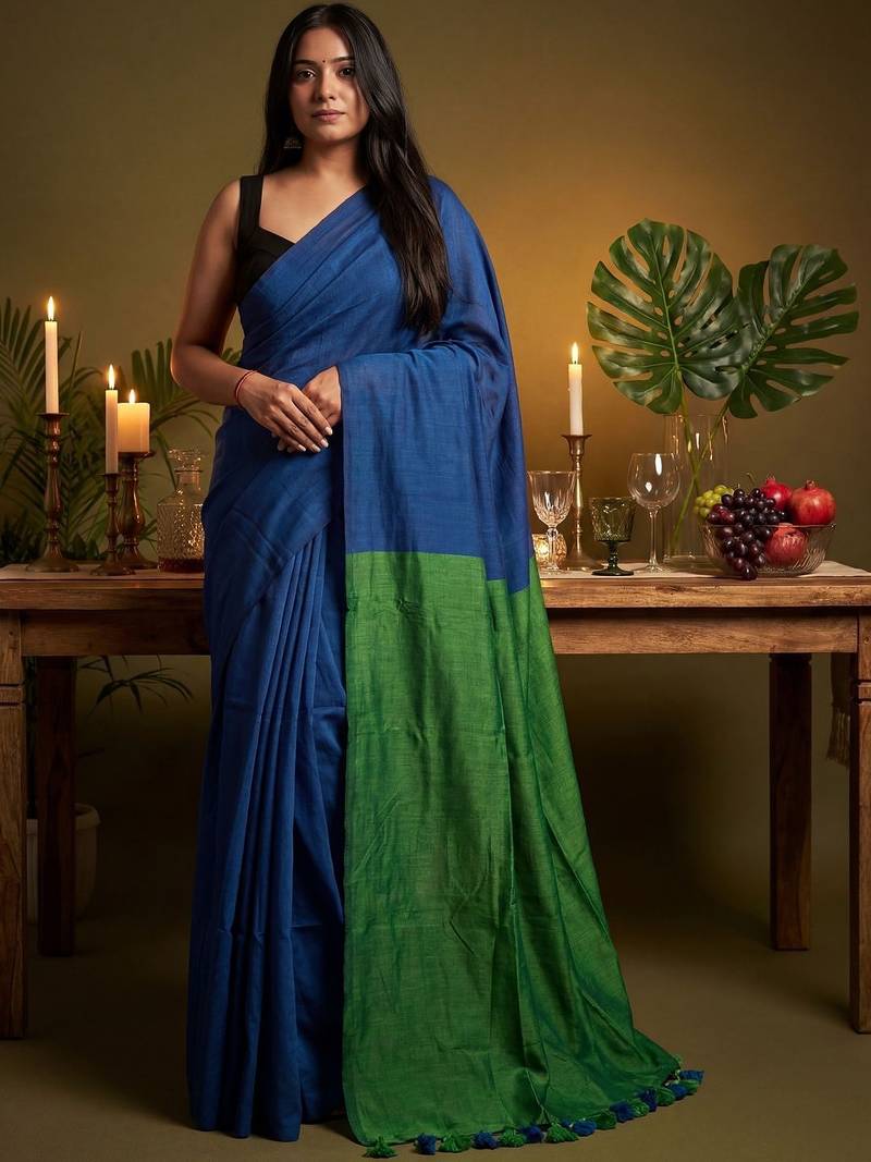 blue cotton blend khadi saree with blouse