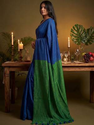 blue cotton blend khadi saree with blouse 2