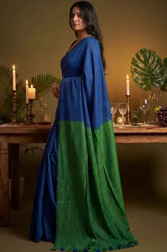 blue cotton blend khadi saree with blouse