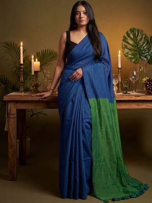 blue cotton blend khadi saree with blouse 3