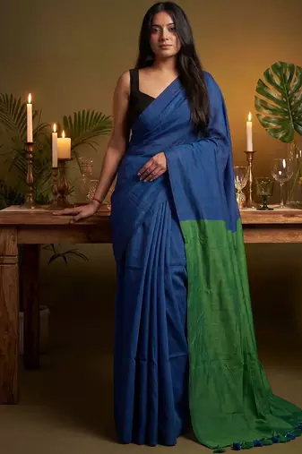 blue cotton blend khadi saree with blouse