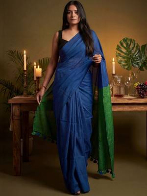 blue cotton blend khadi saree with blouse 4
