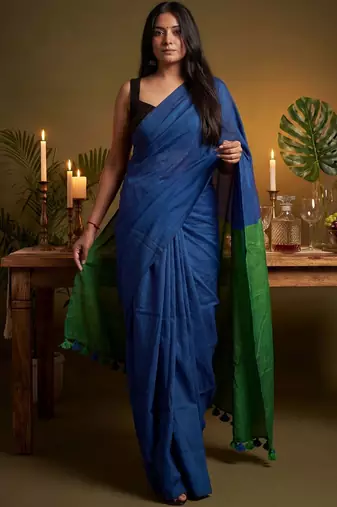blue cotton blend khadi saree with blouse
