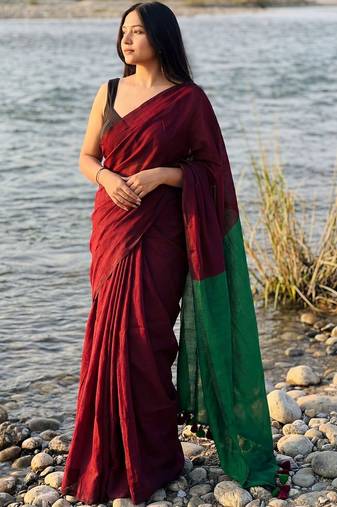 maroon cotton blend khadi saree