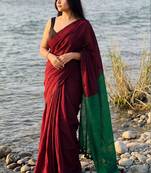 maroon cotton blend khadi saree