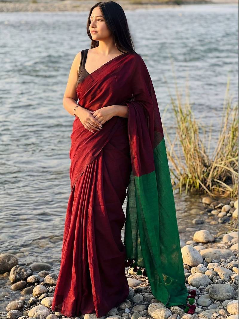 maroon cotton blend khadi saree