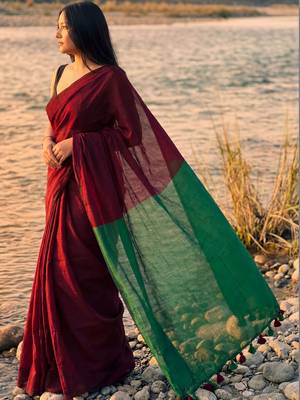 maroon cotton blend khadi saree 2