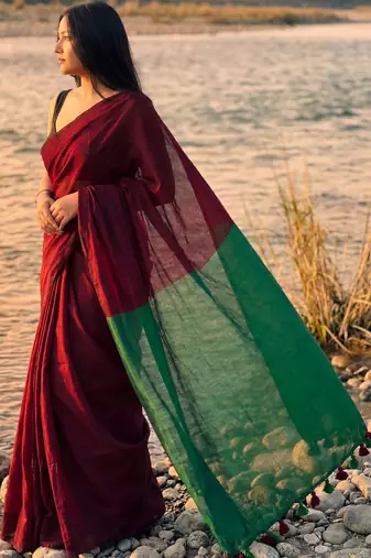 maroon cotton blend khadi saree