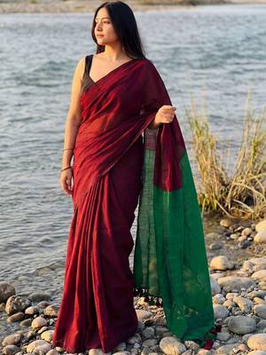 maroon cotton blend khadi saree 3