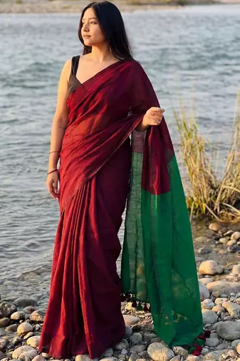 maroon cotton blend khadi saree