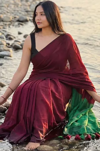 maroon cotton blend khadi saree
